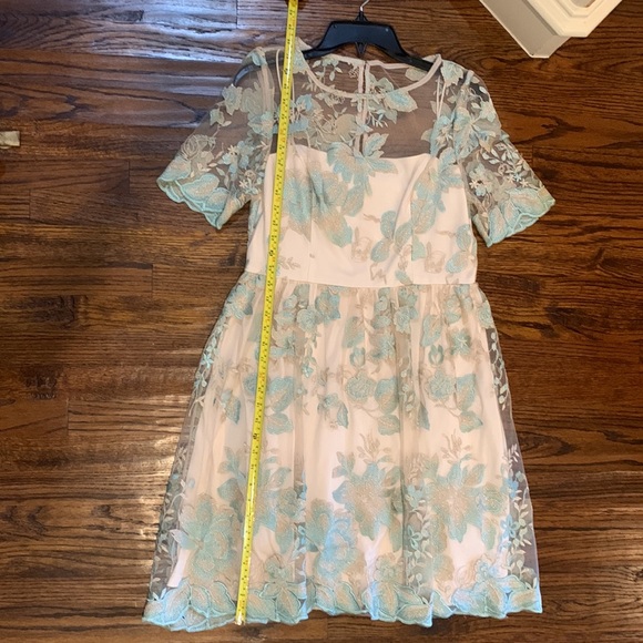 Adriana Papell Champagne and Seagreen Floral Embroidered Wedding Guest Dress - Picture 5 of 12